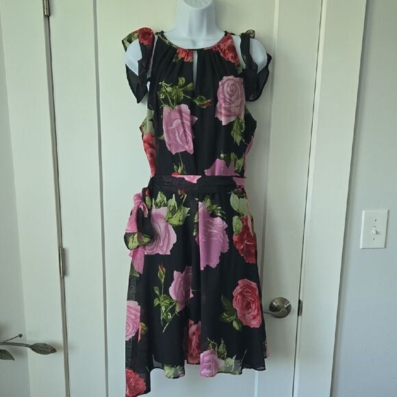 Tahari Pink and Black Halter Floral Sundress with Flutter Sleeves - Picture 1 of 5